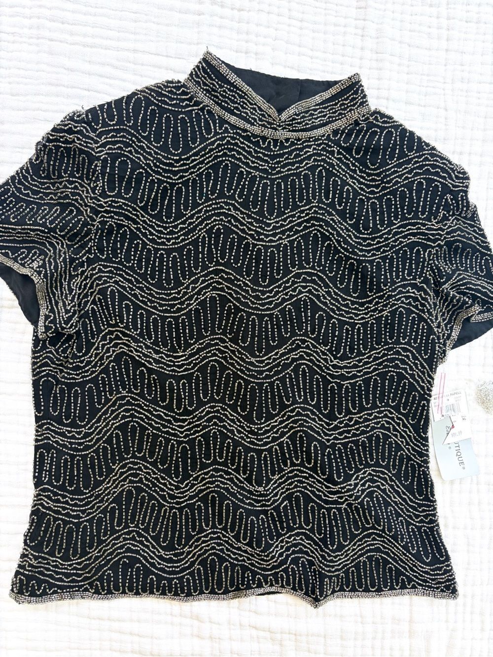 Vintage Papell Boutique Beaded Evening Top NWT Black Silver XL 80s Glam